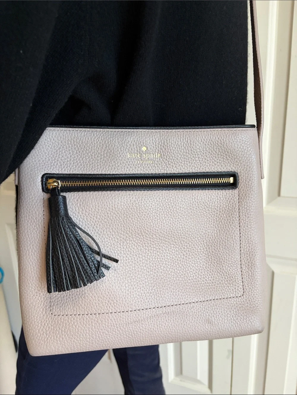 kate spade Pebble Leather Taupe Crossbody with Black Tassel Wristlet